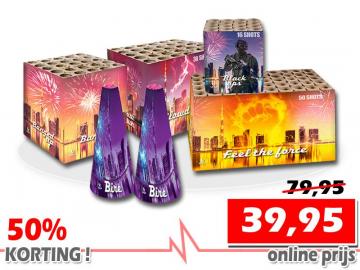 Bizarre aanbieding! 50% korting op dit familie vuurwerkpakket met 4 cakes en 2 grote fonteinen. Exclusief verkrijgbaar bij Xena Vuurwerk in Ede