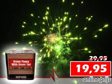 Festival cake van RedWire vuurwerk met 25 schots harde titanium burst en green peony boeket. Online te bestellen bij Xena Vuurwerk in Ede