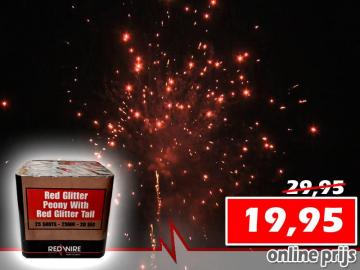 Festival cake van RedWire vuurwerk met harde burst en red glitter peony boeket. Online te bestellen bij Xena Vuurwerk in Ede