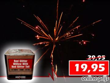 Festival cake van RedWire vuurwerk met red glitter willow effect. Online te bestellen bij Xena Vuurwerk in Ede