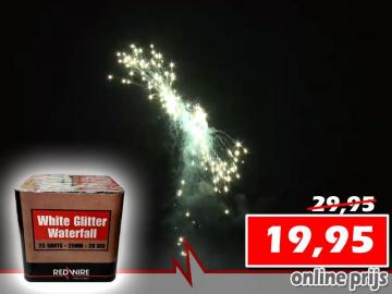 Geluidsarme 25 schots Festival cake van RedWire vuurwerk met white glitter waterfall effecten. Online te bestellen bij Xena Vuurwerk in Ede